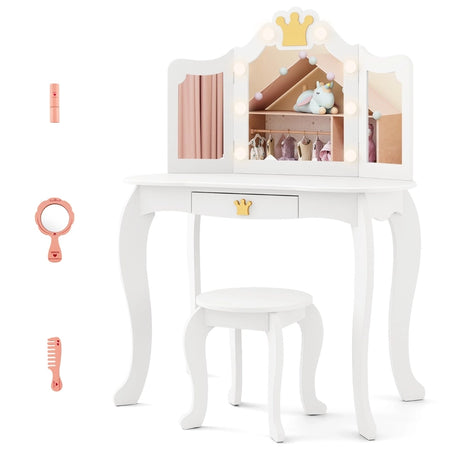 Kids Vanity Set with Lighted Mirror and Adjustable Brightness Pull-out Drawer and Stool-White