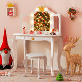 Kids Vanity Set with Lighted Mirror and Adjustable Brightness Pull-out Drawer and Stool-White