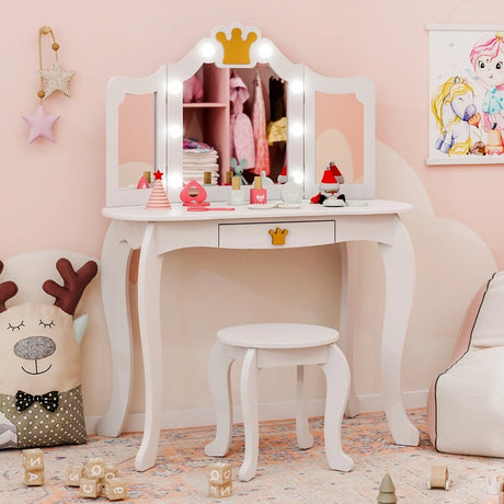 Kids Vanity Set with Lighted Mirror and Adjustable Brightness Pull-out Drawer and Stool-White