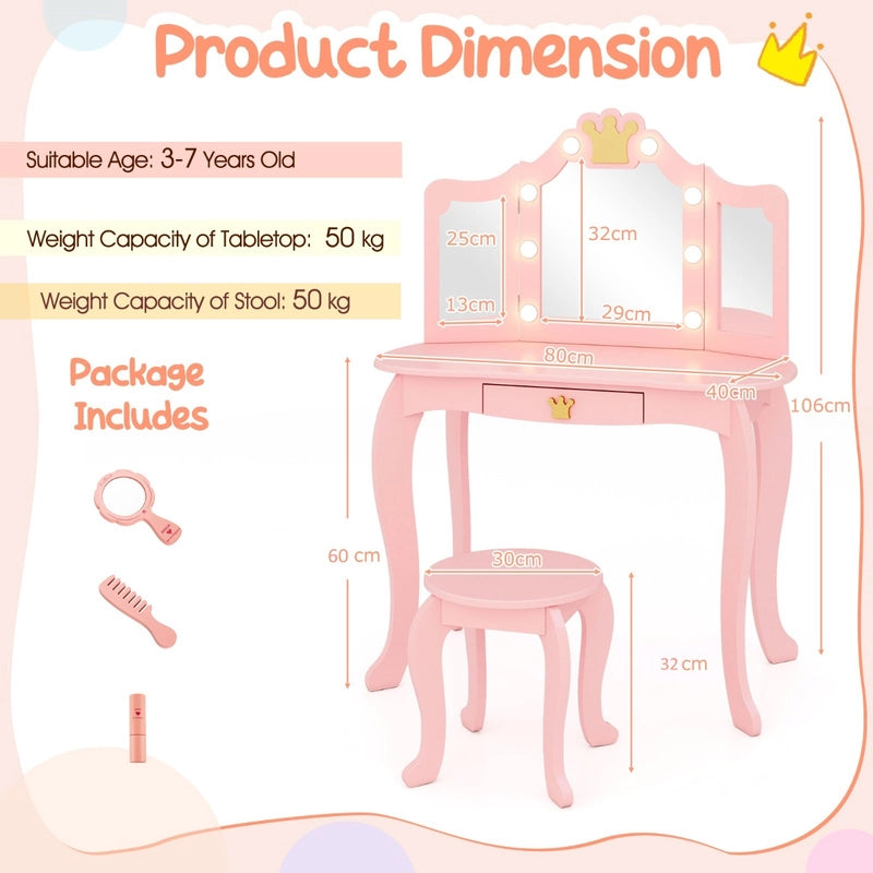 Kids Vanity Set with Lighted Mirror and Adjustable Brightness Pull-out Drawer and Stool-Pink
