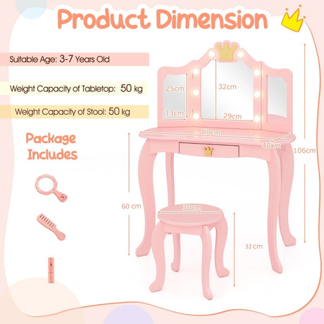 Kids Vanity Set with Lighted Mirror and Adjustable Brightness Pull-out Drawer and Stool-Pink