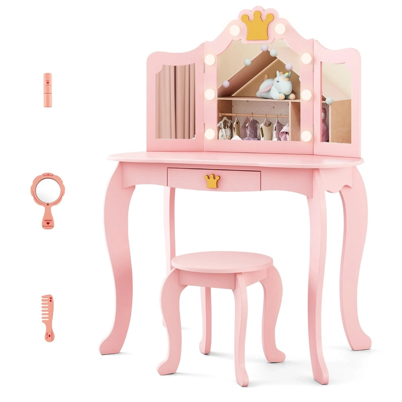 Kids Vanity Set with Lighted Mirror and Adjustable Brightness Pull-out Drawer and Stool-Pink