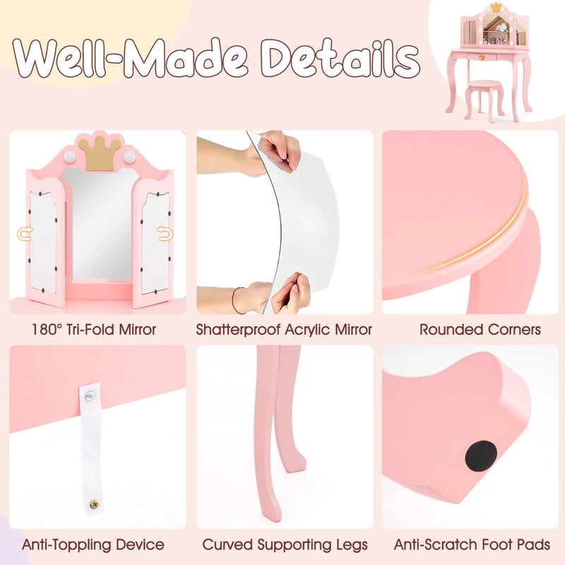 Kids Vanity Set with Lighted Mirror and Adjustable Brightness Pull-out Drawer and Stool-Pink