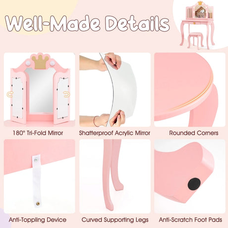 Kids Vanity Set with Lighted Mirror and Adjustable Brightness Pull-out Drawer and Stool-Pink