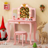 Kids Vanity Set with Lighted Mirror and Adjustable Brightness Pull-out Drawer and Stool-Pink