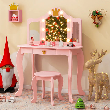Kids Vanity Set with Lighted Mirror and Adjustable Brightness Pull-out Drawer and Stool-Pink