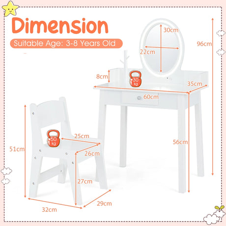 Kids Vanity Set with Lighted Mirror-White