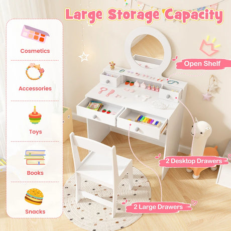Princess Makeup Dressing Desk and Chair Set with Mirror-White