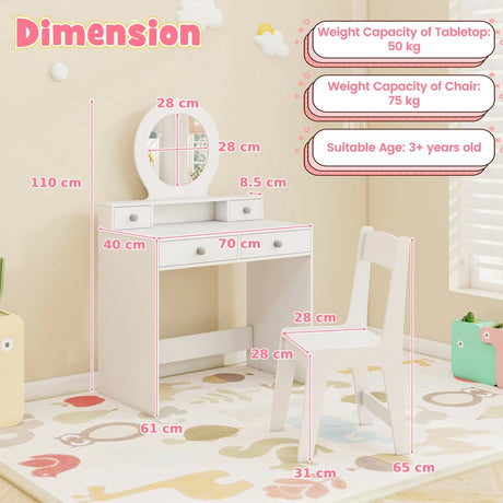 Princess Makeup Dressing Desk and Chair Set with Mirror-White