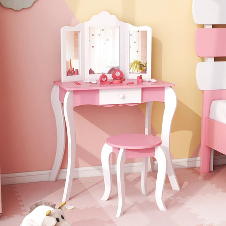 Kids Vanity Set with 3-Panel Acrylic Mirror and Storage Drawer-White