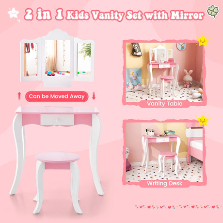 Kids Vanity Set with 3-Panel Acrylic Mirror and Storage Drawer-White