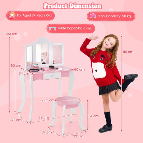 Kids Vanity Set with 3-Panel Acrylic Mirror and Storage Drawer-White
