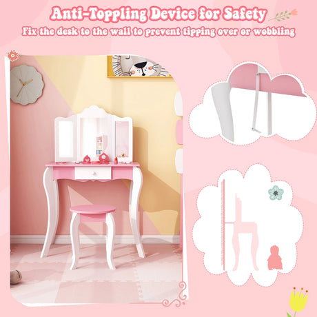 Kids Vanity Set with 3-Panel Acrylic Mirror and Storage Drawer-White