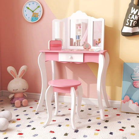 Kids Vanity Set with 3-Panel Acrylic Mirror and Storage Drawer-White