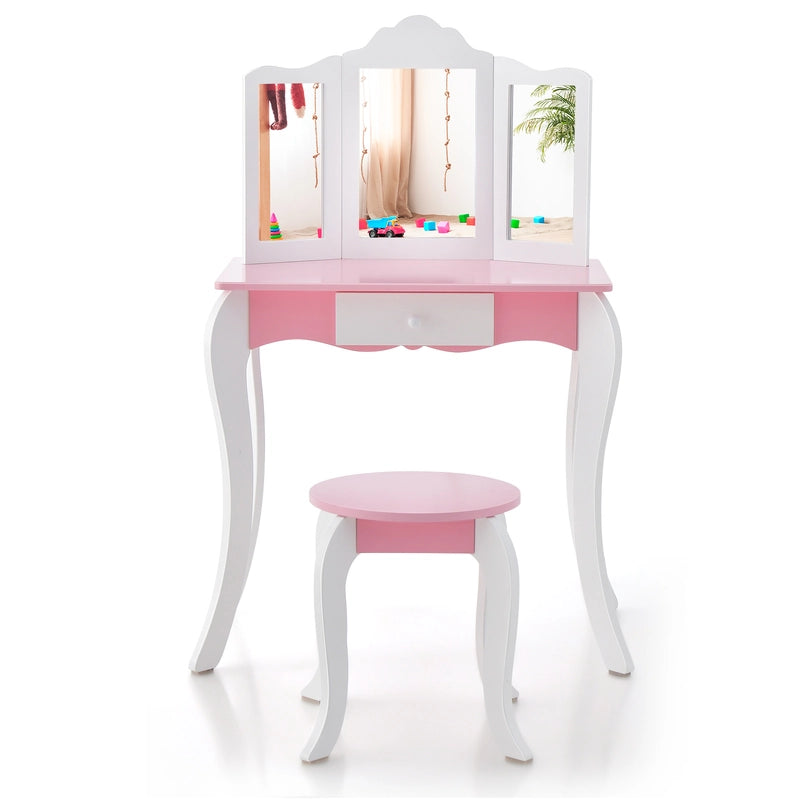 Kids Vanity Set with 3-Panel Acrylic Mirror and Storage Drawer-White