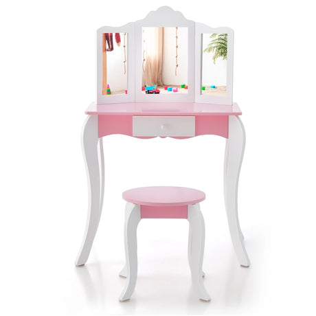 Kids Vanity Set with 3-Panel Acrylic Mirror and Storage Drawer-White