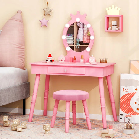 Kids Vanity Set with Lighted Mirror and Adjustable Brightness for Kids Aged 3-7 Years Old-Pink