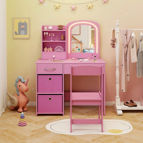 Kids Vanity Set with Lighted Mirror Makeup Desk and Chair Set with Drawers-Pink
