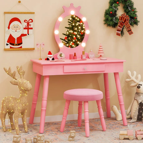 Kids Vanity Set with Lighted Mirror and Adjustable Brightness for Kids Aged 3-7 Years Old-Pink
