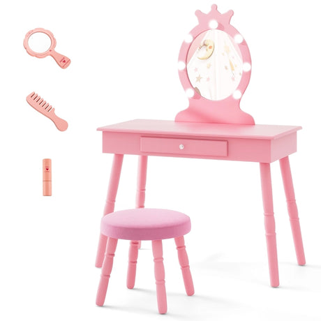 Kids Vanity Set with Lighted Mirror and Adjustable Brightness for Kids Aged 3-7 Years Old-Pink