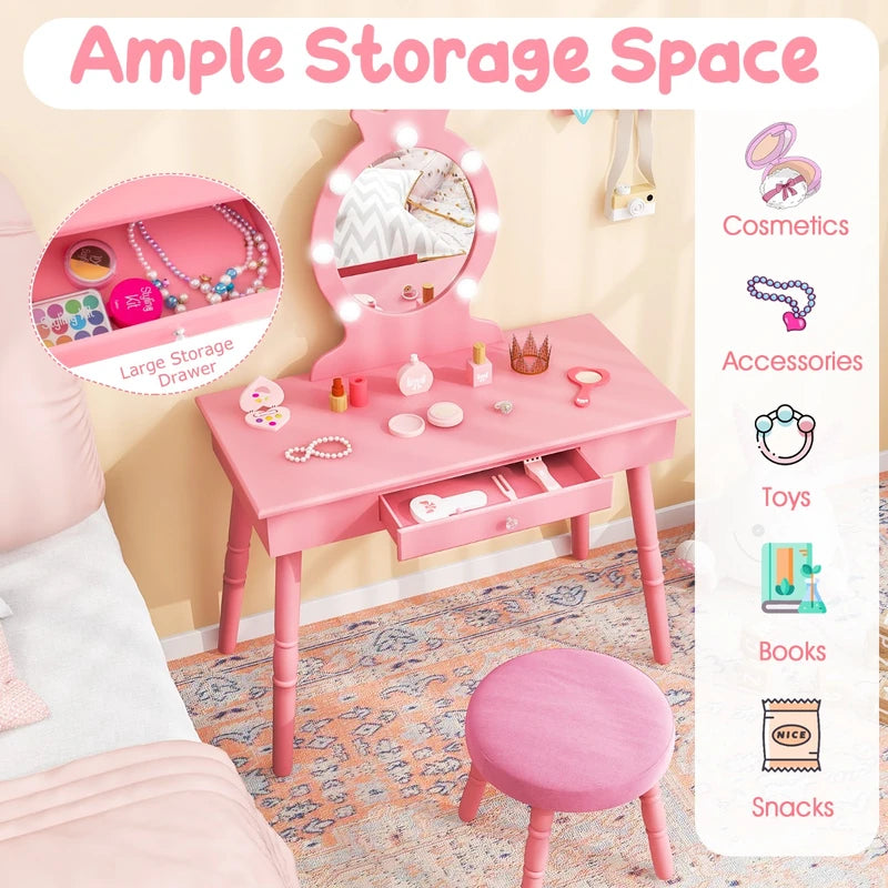 Kids Vanity Set with Lighted Mirror and Adjustable Brightness for Kids Aged 3-7 Years Old-Pink