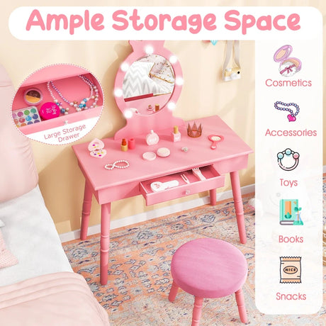 Kids Vanity Set with Lighted Mirror and Adjustable Brightness for Kids Aged 3-7 Years Old-Pink