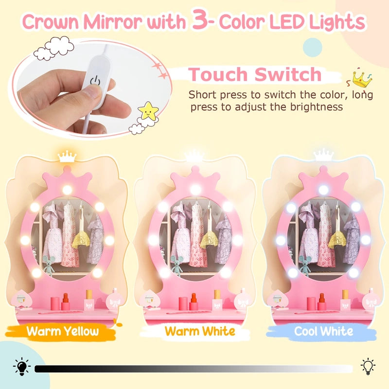 Kids Vanity Set with Lighted Mirror and Adjustable Brightness for Kids Aged 3-7 Years Old-Pink