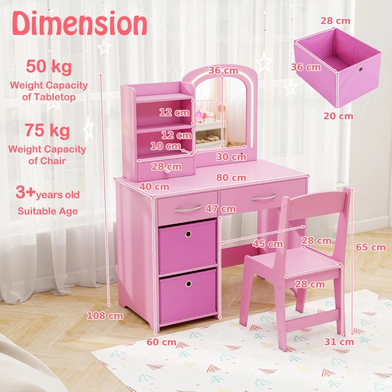 Kids Vanity Set with Lighted Mirror Makeup Desk and Chair Set with Drawers-Pink