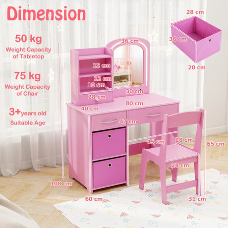 Kids Vanity Set with Lighted Mirror Makeup Desk and Chair Set with Drawers-Pink