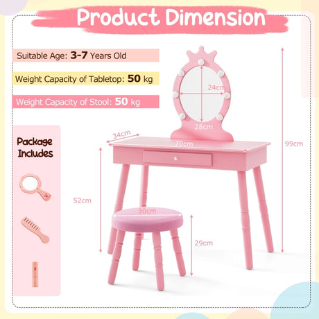 Kids Vanity Set with Lighted Mirror and Adjustable Brightness for Kids Aged 3-7 Years Old-Pink