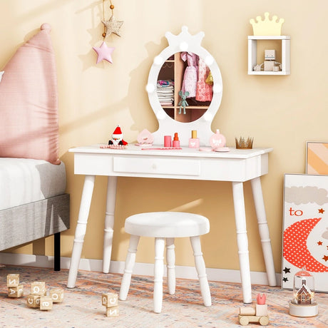 Kids Vanity Set with Lighted Mirror and Adjustable Brightness for Kids Aged 3-7 Years Old-White