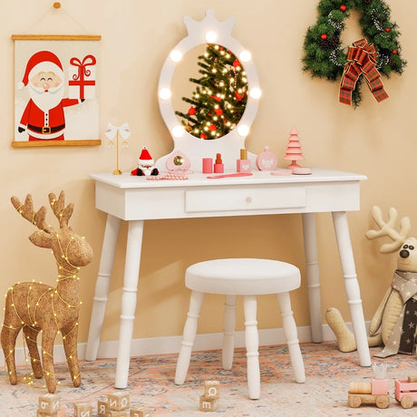 Kids Vanity Set with Lighted Mirror and Adjustable Brightness for Kids Aged 3-7 Years Old-White