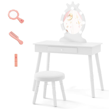 Kids Vanity Set with Lighted Mirror and Adjustable Brightness for Kids Aged 3-7 Years Old-White