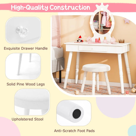Kids Vanity Set with Lighted Mirror and Adjustable Brightness for Kids Aged 3-7 Years Old-White