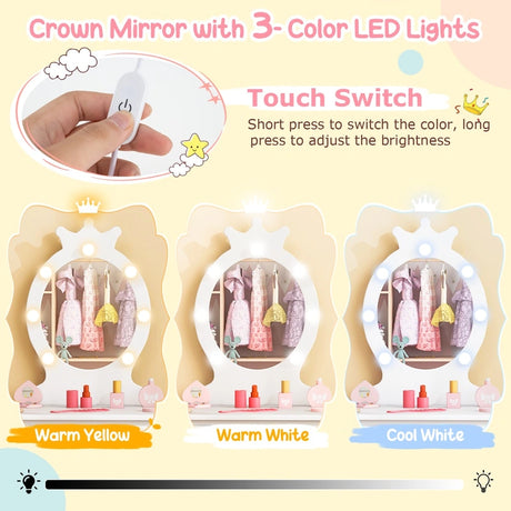 Kids Vanity Set with Lighted Mirror and Adjustable Brightness for Kids Aged 3-7 Years Old-White
