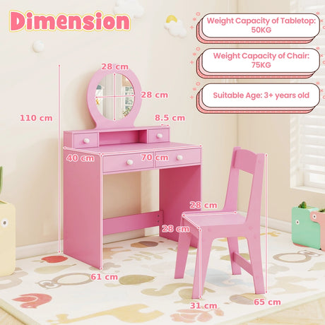 Kids Vanity Set with Mirror Princess Makeup Dressing Desk and Chair Set with Mirror-Pink