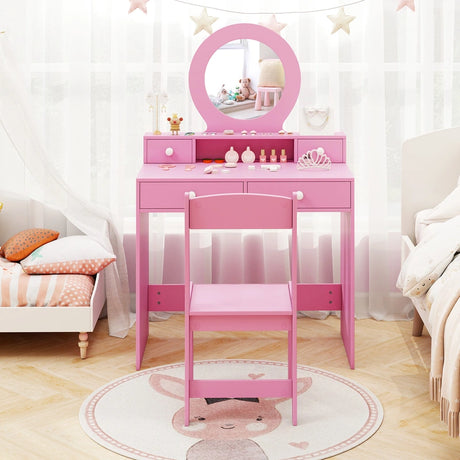 Kids Vanity Set with Mirror Princess Makeup Dressing Desk and Chair Set with Mirror-Pink