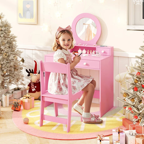 Kids Vanity Set with Mirror Princess Makeup Dressing Desk and Chair Set with Mirror-Pink