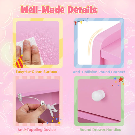 Kids Vanity Set with Mirror Princess Makeup Dressing Desk and Chair Set with Mirror-Pink