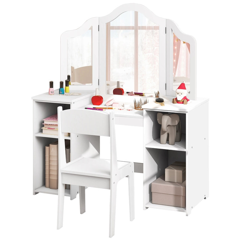 Kids Vanity Table and Chair Set with Removable Tri-Folding Mirror-White