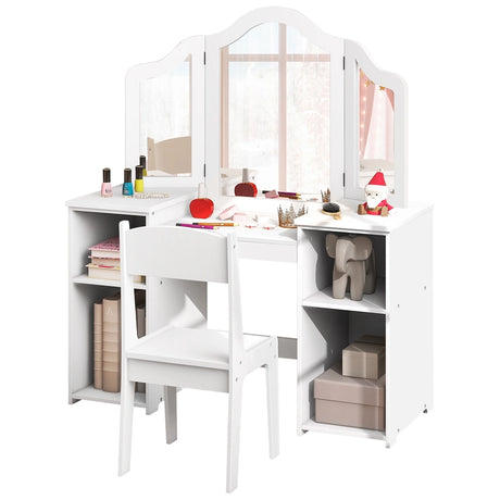 Kids Vanity Table and Chair Set with Removable Tri-Folding Mirror-White