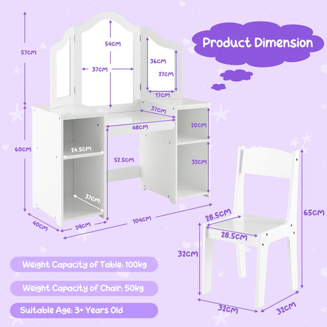 Kids Vanity Table and Chair Set with Removable Tri-Folding Mirror-White