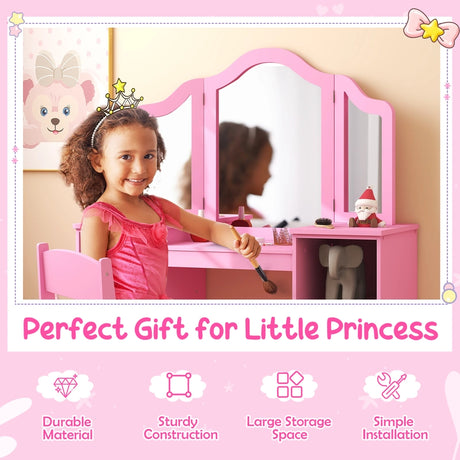 Kids Vanity Table and Chair Set with Removable Tri-Folding Mirror-Pink