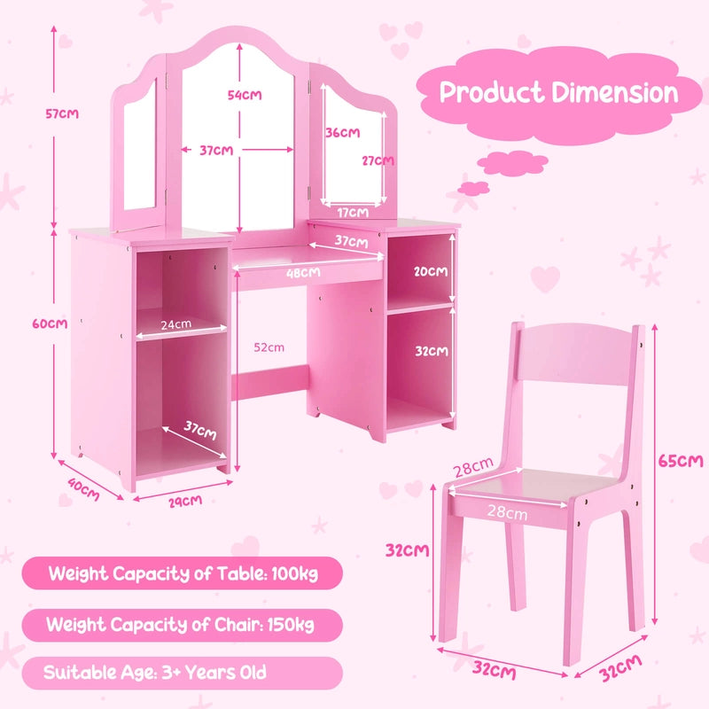 Kids Vanity Table and Chair Set with Removable Tri-Folding Mirror-Pink