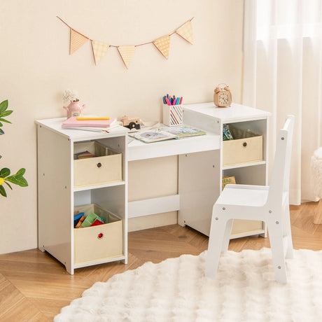 Kids Vanity Table and Chair Set with Removable Mirrors and 4 Storage Bins-White