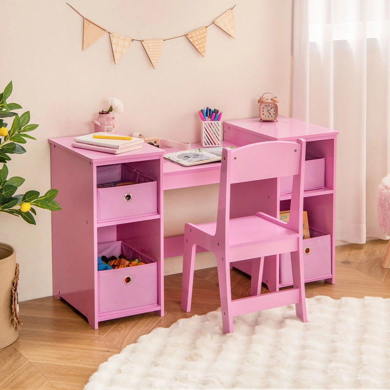 Kids Vanity Table and Chair Set with Removable Mirrors and 4 Storage Bins-Pink