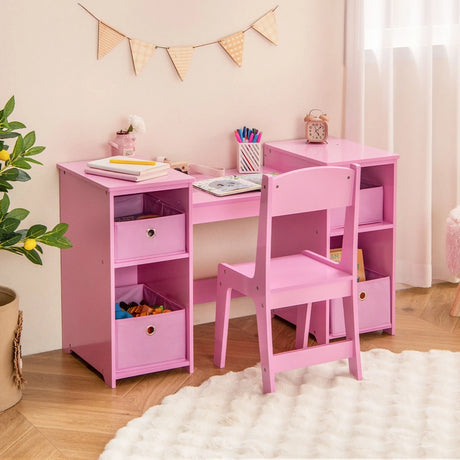 Kids Vanity Table and Chair Set with Removable Mirrors and 4 Storage Bins-Pink