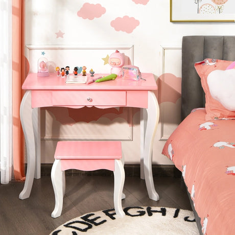 Kids Vanity Table and Chair Set with Detachable Rotatable Mirror-Pink