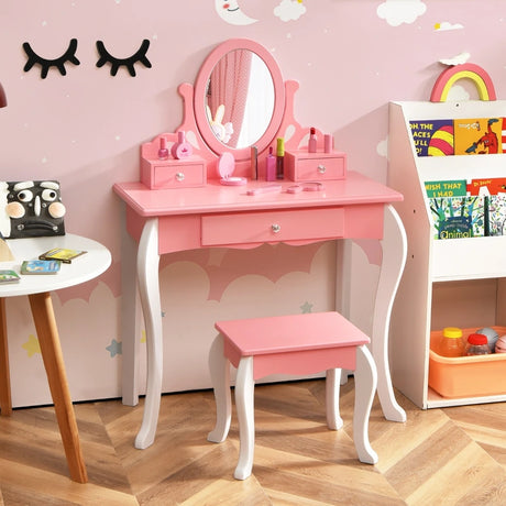 Kids Vanity Table and Chair Set with Detachable Rotatable Mirror-Pink