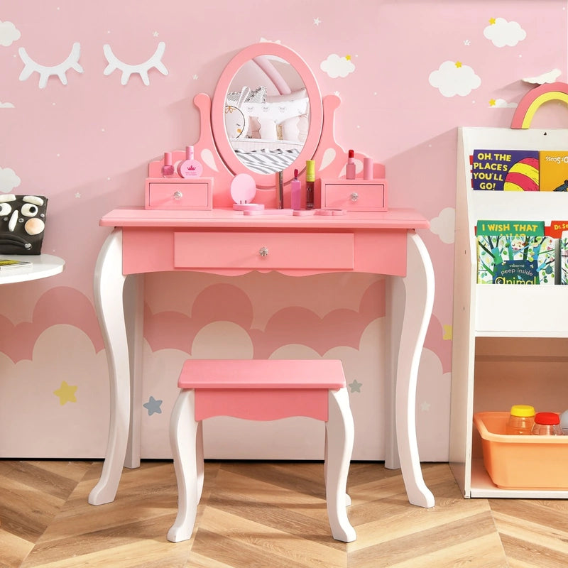 Kids Vanity Table and Chair Set with Detachable Rotatable Mirror-Pink